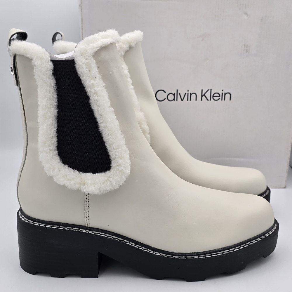 NIB Calvin Klein Anissa Booties, Ivory, Women's 11M, Faux Fur Trim